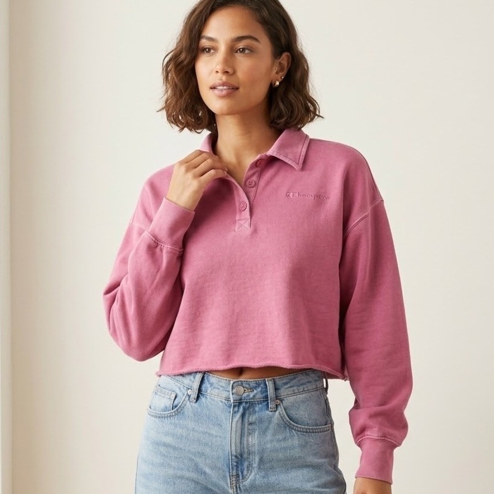 Champion Polo Sweatshirt Womens Small Pink Cropped Raw Hem  Long Sleeve Sporty